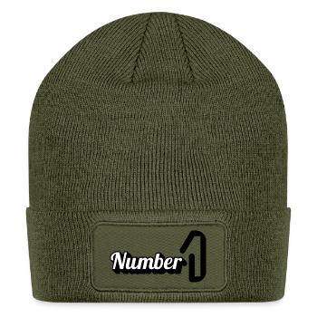 Number Script on Black Background - Patch Beanie - olive - Front