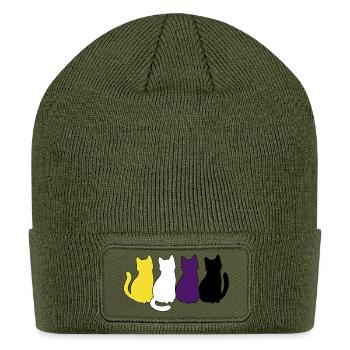 Non Binary Pride – Yellow White Purple Black Cats - Patch Beanie - olive - Front