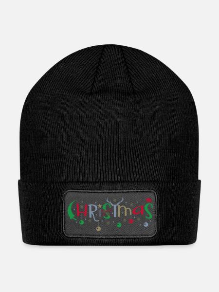 Colorful Ornamented Christmas Word Art - Patch Beanie - black