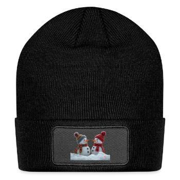 Winter Snow Duo: Cozy Knit Snowmen - Patch Beanie - black - Front