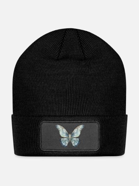 Butterfly hand-painted in delicate blue tones - Patch Beanie - black