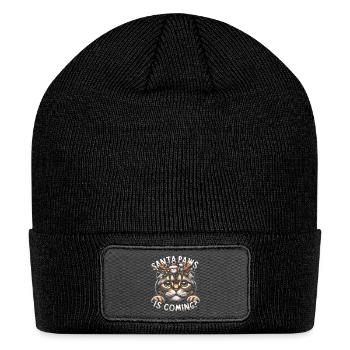 Santa Paws is Coming to town. Cute cat pleading - Patch Beanie - black - Front