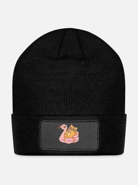 Cool Cat on Flamingo Pool Float - Patch Beanie - black