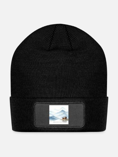 Serenity Peaks — Gold Mountain Landscape Tapestry - Patch Beanie - black