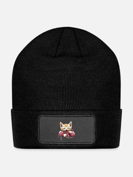 Playful Kitten with Pink Yarn - Patch Beanie - black