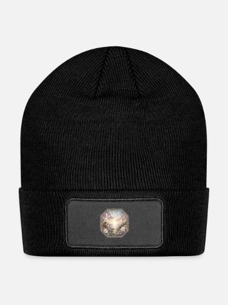 Sunrise behind Lion & Cross in Floral Field - Patch Beanie - black