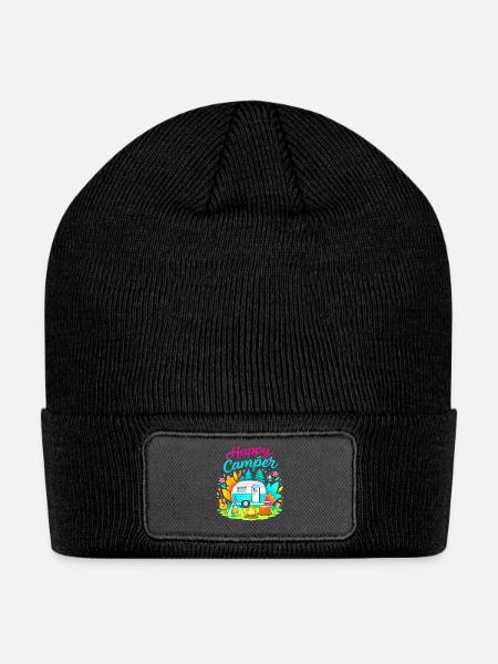 Funny Happy Camper Camping Apparel Trailer RV - Patch Beanie - black