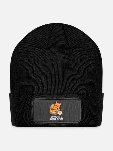 Cozy Cat Reading Coffee Stack - Patch Beanie - black
