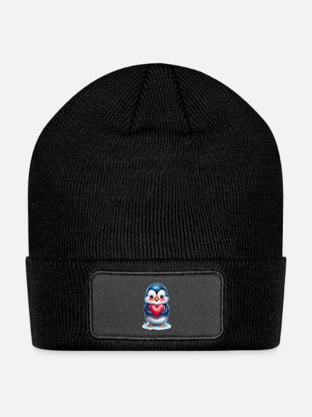 Cute Penguin Holding Heart Design - Patch Beanie - black