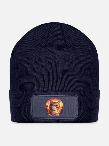 Sunset Cat in Shades - Patch Beanie - navy
