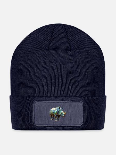 Blue Gold Ornate Rhino - Patch Beanie - navy
