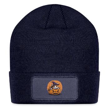Pumpkin Cat in Witch Hat  - Halloween - Patch Beanie - navy - Front