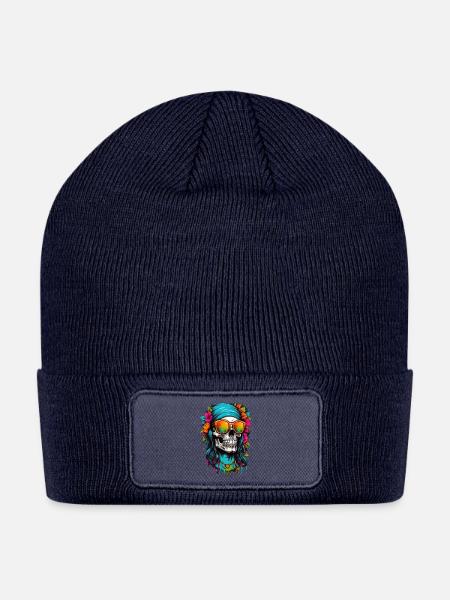 A hippy cute skull head dons small round sunglasse - Patch Beanie - navy