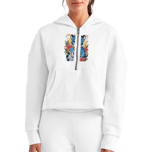 Mystic Blue Tiger Anime Potion Design – Cute tiger - Women's Half Zip Cropped Hoodie