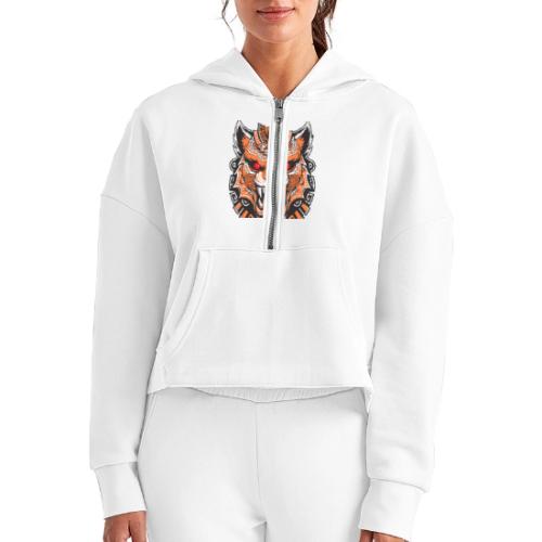 Tribal Demon Wolf Mask - Women's Half Zip Cropped Hoodie