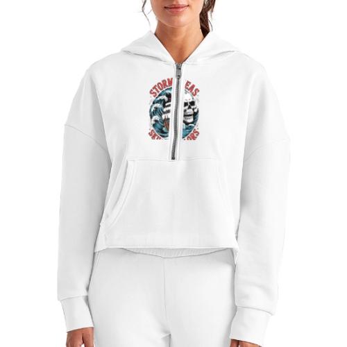 Stormy Seas Skull Pirate Ship Nautical Ocean Waves - Women's Half Zip Cropped Hoodie