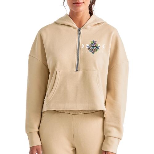 Third Eye Mandala - Moon Cycle Design - Women's Half Zip Cropped Hoodie