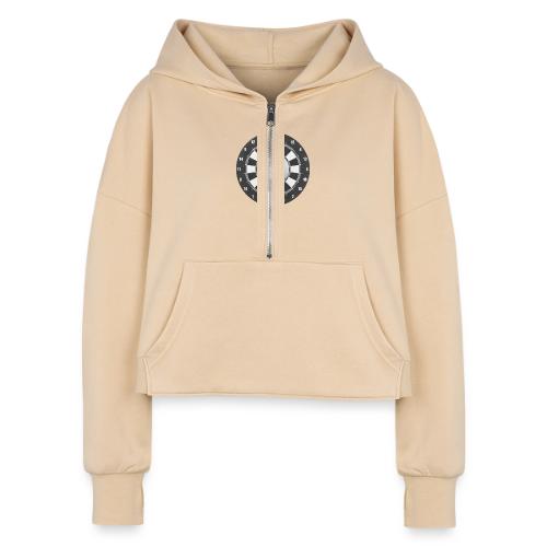 Producer Jay on Dartboard with Fusco Show back - Women's Half Zip Cropped Hoodie