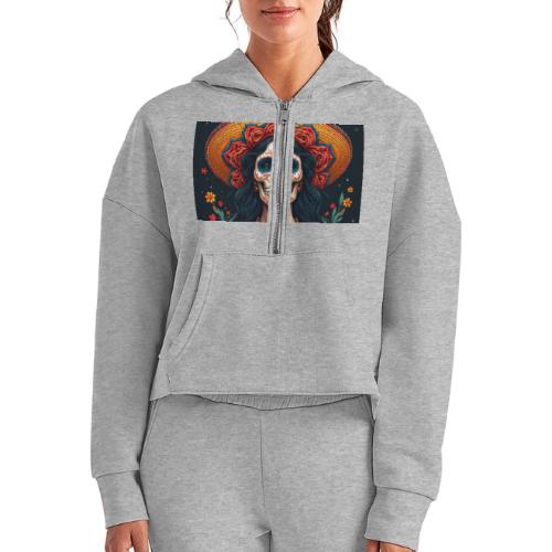 Charra Skull Art | Traditional Mexican Design - Women's Half Zip Cropped Hoodie
