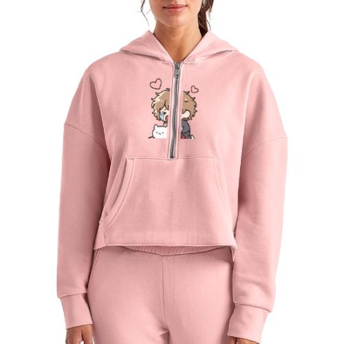 Crying Chibi Boy with Stray Cat - Women's Half Zip Cropped Hoodie