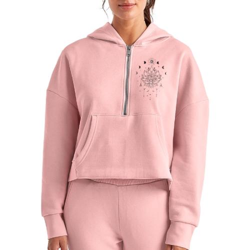 Third Eye Black Lotus Flower - Moon Cycle Design - Women's Half Zip Cropped Hoodie