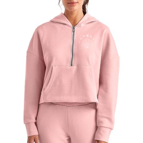 Third Eye White Lotus Flower - Moon Cycle Design - Women's Half Zip Cropped Hoodie