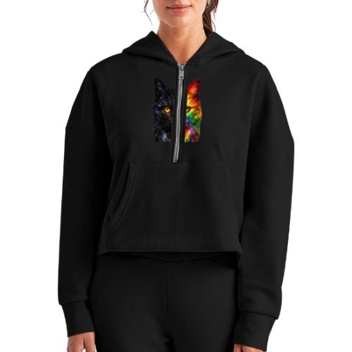 Cosmic Galaxy Rainbow Cat - Women's Half Zip Cropped Hoodie