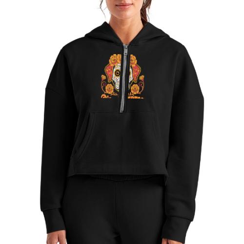 Dia De Los Muertos Dog Skull Flowers - Women's Half Zip Cropped Hoodie