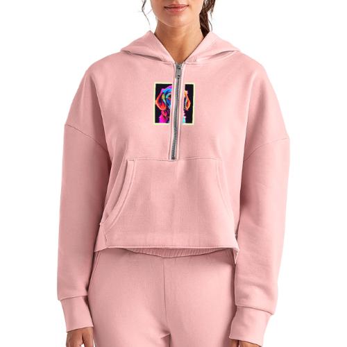 Rainbow Dog Portrait Art - Women's Half Zip Cropped Hoodie