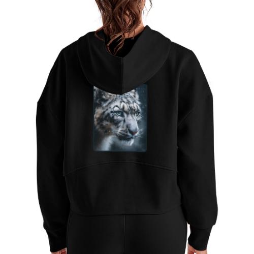 Snow Leopard Blue Eyes Design - Women's Half Zip Cropped Hoodie