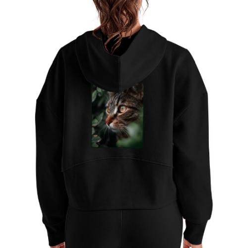 Tabby Cat Jungle Eyes Design - Women's Half Zip Cropped Hoodie