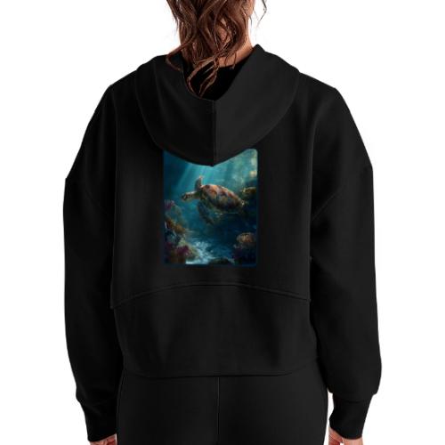 Sea Turtle Coral Reef Design - Women's Half Zip Cropped Hoodie