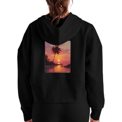 Tropical Beach Sunset Palm Design - Women's Half Zip Cropped Hoodie