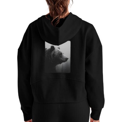 Grizzly Bear Black White Portrait Design - Women's Half Zip Cropped Hoodie