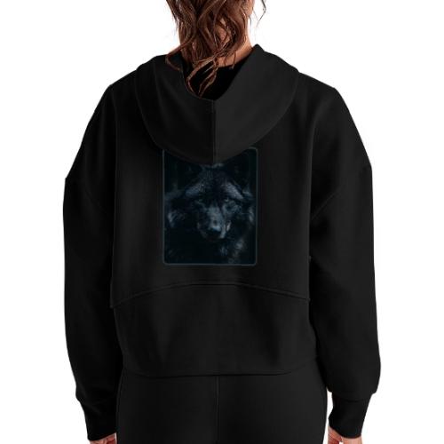 Black Wolf Intense Eyes Portrait Design - Women's Half Zip Cropped Hoodie