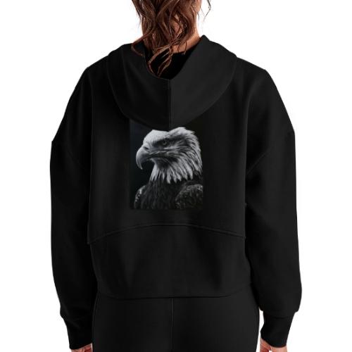 Black White Bald Eagle Design - Women's Half Zip Cropped Hoodie