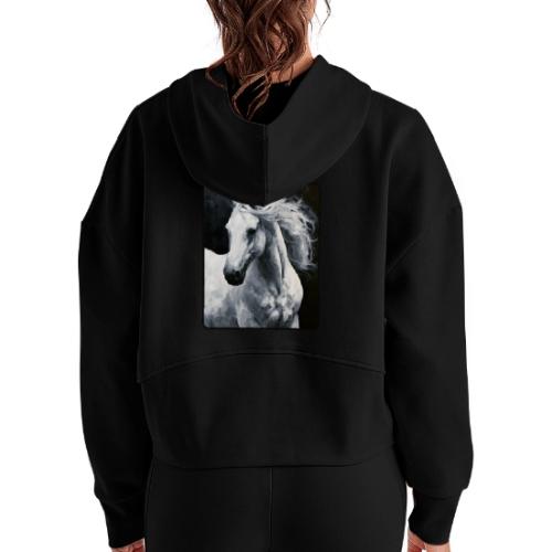 White Horse Oil Painting Design - Women's Half Zip Cropped Hoodie