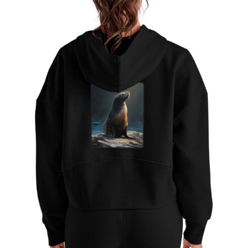 Fur Seal Artistic Shore Portrait Design - Women's Half Zip Cropped Hoodie