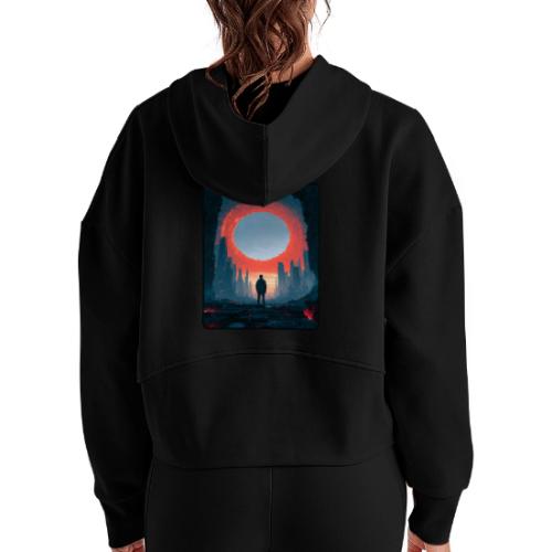 Cosmic Portal Future City Design - Women's Half Zip Cropped Hoodie