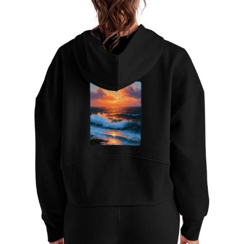 Sunset Storm Waves Oil Painting - Women's Half Zip Cropped Hoodie