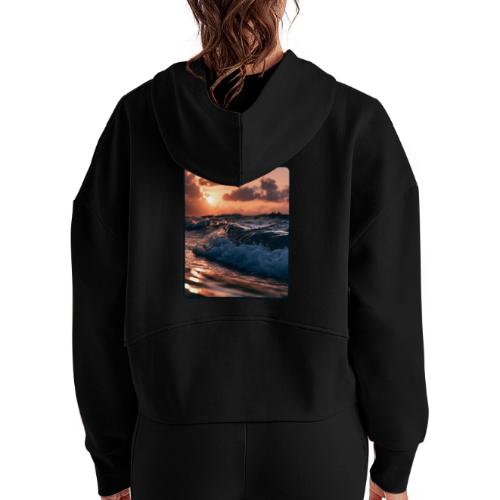 Golden Sunset Ocean Wave - Women's Half Zip Cropped Hoodie
