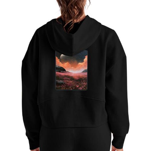 Moonlit Fantasy Flower Landscape - Women's Half Zip Cropped Hoodie