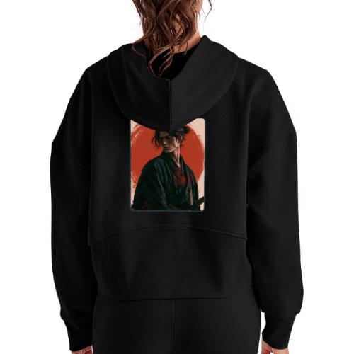 Samurai Beneath the Red Sun - Women's Half Zip Cropped Hoodie