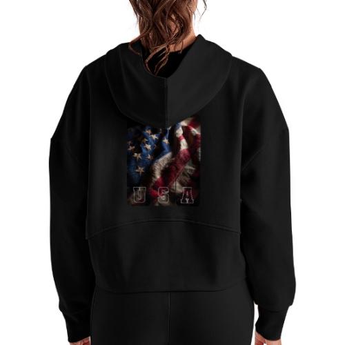 USA: Worn Stars and Stripes - Women's Half Zip Cropped Hoodie