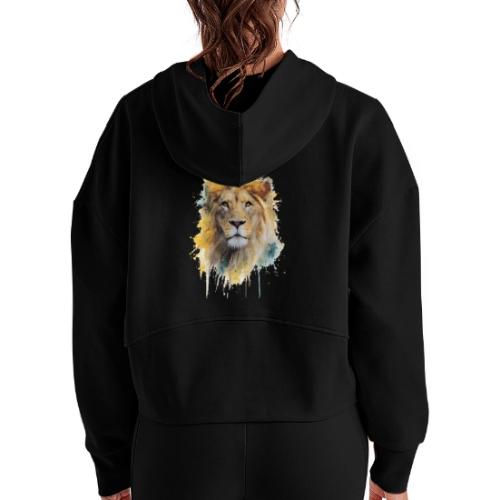 Watercolor Lion Portrait - Women's Half Zip Cropped Hoodie