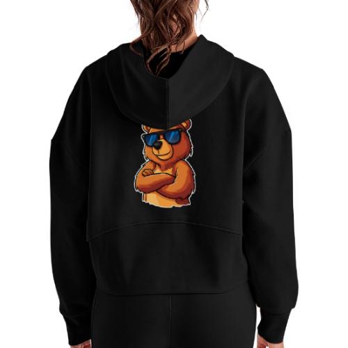 Cool Bear Sunglasses Cartoon Design - Women's Half Zip Cropped Hoodie