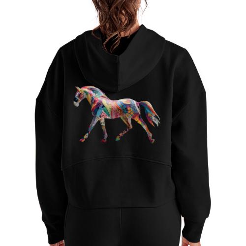 Colorful Abstract Horse Art Design - Women's Half Zip Cropped Hoodie