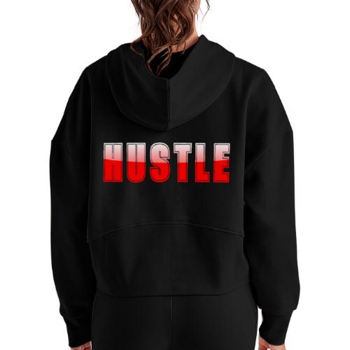HUSTLE Bold Red Motivational Typography Design - Women's Half Zip Cropped Hoodie