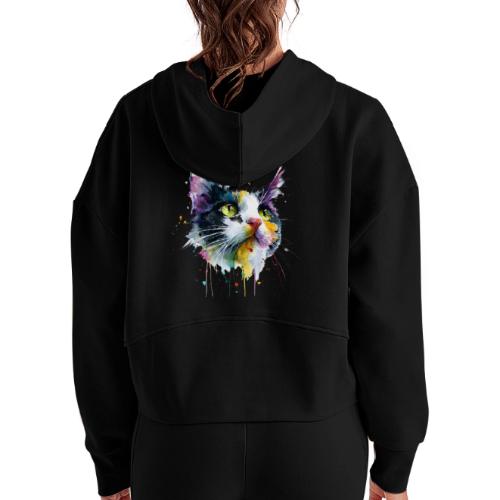Cat: Painted Purr Expression - Women's Half Zip Cropped Hoodie