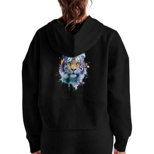 Splash-Art Tiger Face - Women's Half Zip Cropped Hoodie